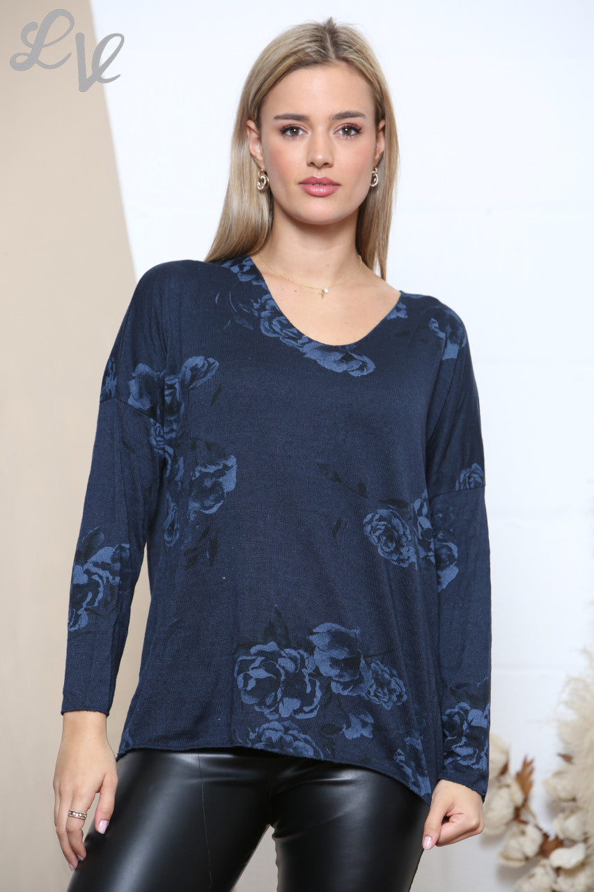 Dames Top met lange mouwen en rozenprint marineblauw