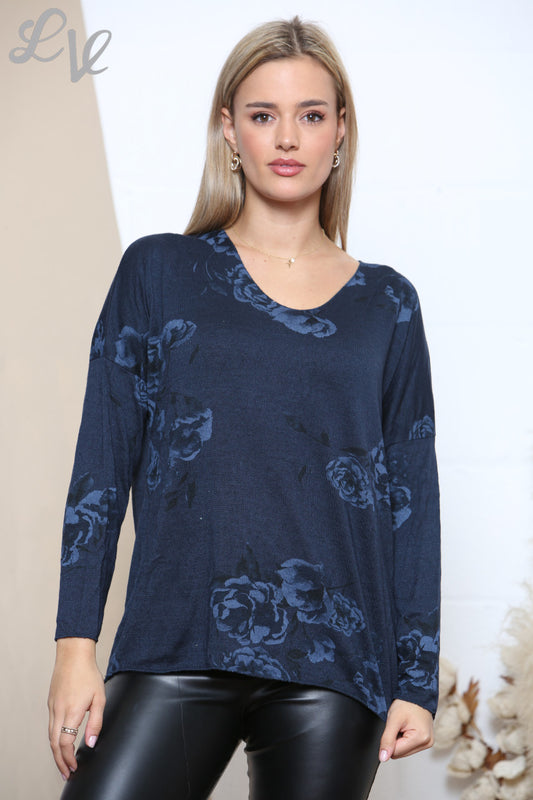 Dames Top met lange mouwen en rozenprint marineblauw