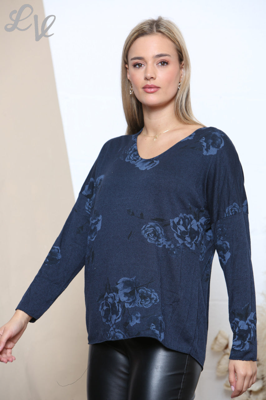 Dames Top met lange mouwen en rozenprint marineblauw