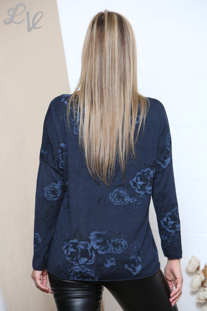 Dames Top met lange mouwen en rozenprint marineblauw