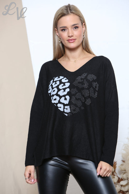 Dames Leopard Diamant Hart Trui Top Zwart