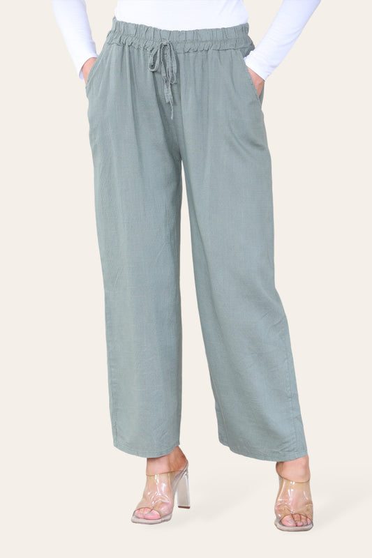 BROEK VAN KATOENLAKEN MET ELASTISCHE TAILLE IN KHAKIKLEUR