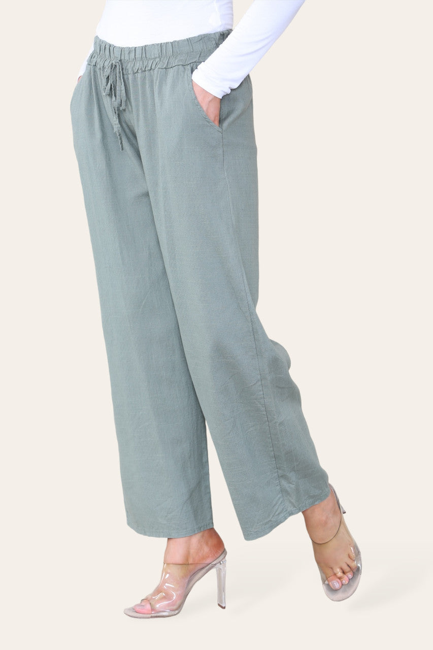 ELASTICATED WAIST COTTON LINEN TROUSERS KHAKI