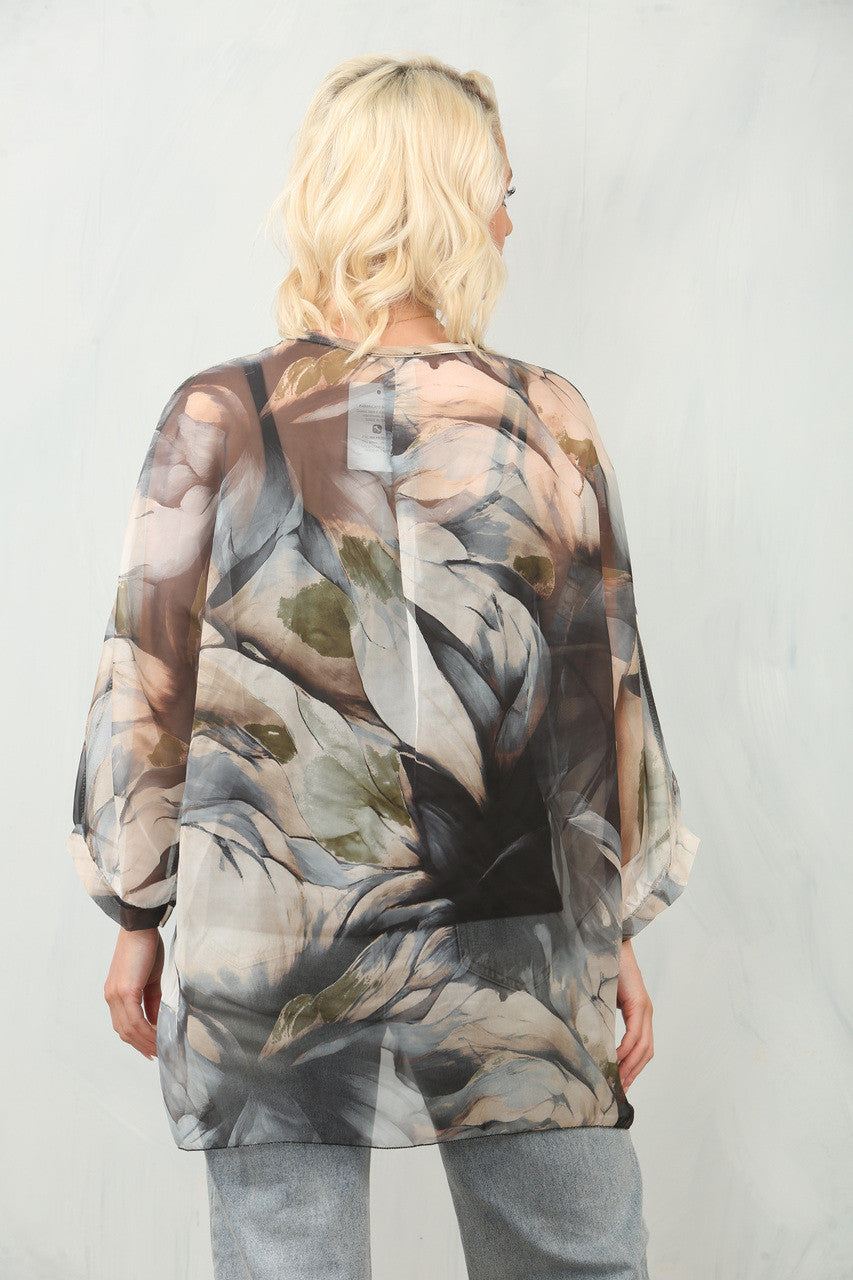 ABSTRACT LEAF PRINT FLOATY CHIFFON BLOUSE WITH VEST - GREY