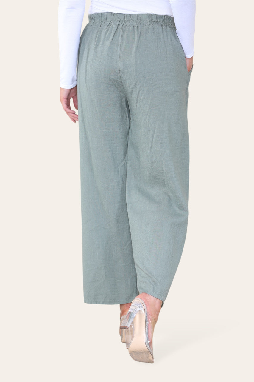 ELASTICATED WAIST COTTON LINEN TROUSERS KHAKI