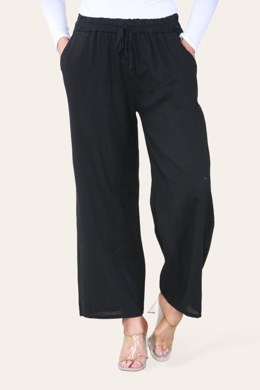 ELASTICATED WAIST COTTON LINEN TROUSERS BLACK
