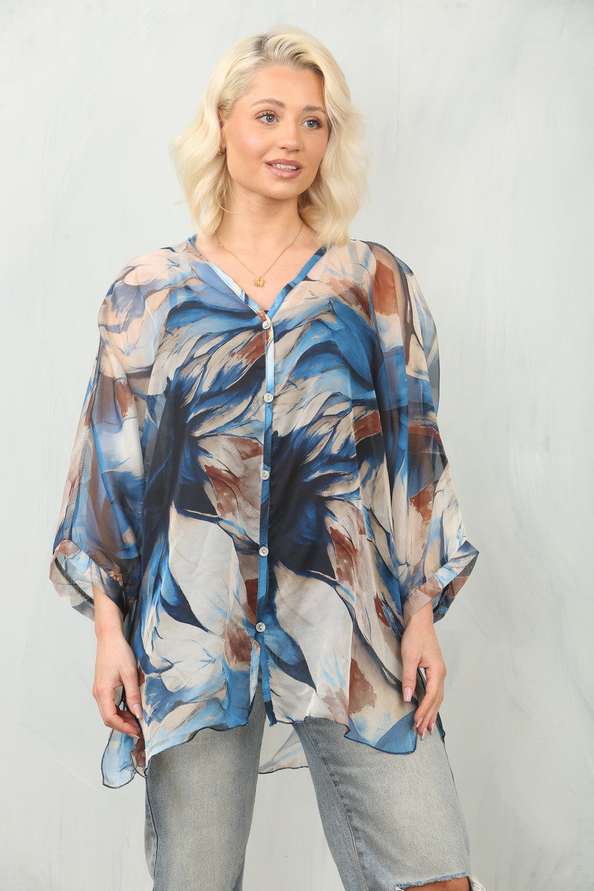 ABSTRACT LEAF PRINT FLOATY CHIFFON BLOUSE WITH VEST - NAVY
