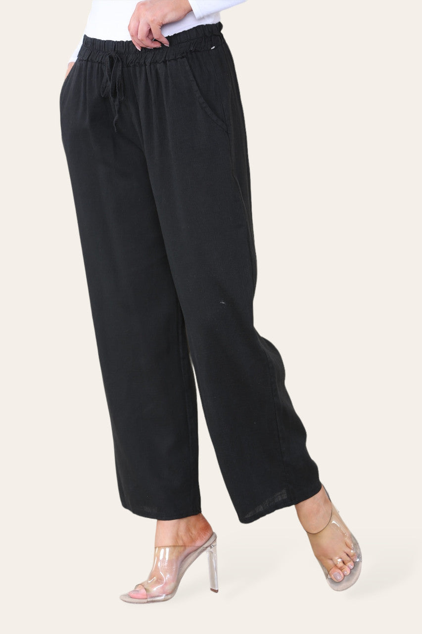 ELASTICATED WAIST COTTON LINEN TROUSERS BLACK