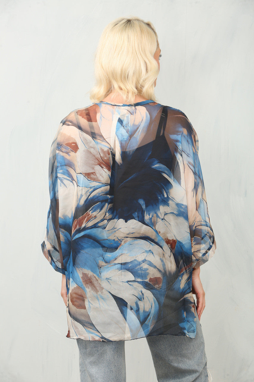 ABSTRACT LEAF PRINT FLOATY CHIFFON BLOUSE WITH VEST - NAVY