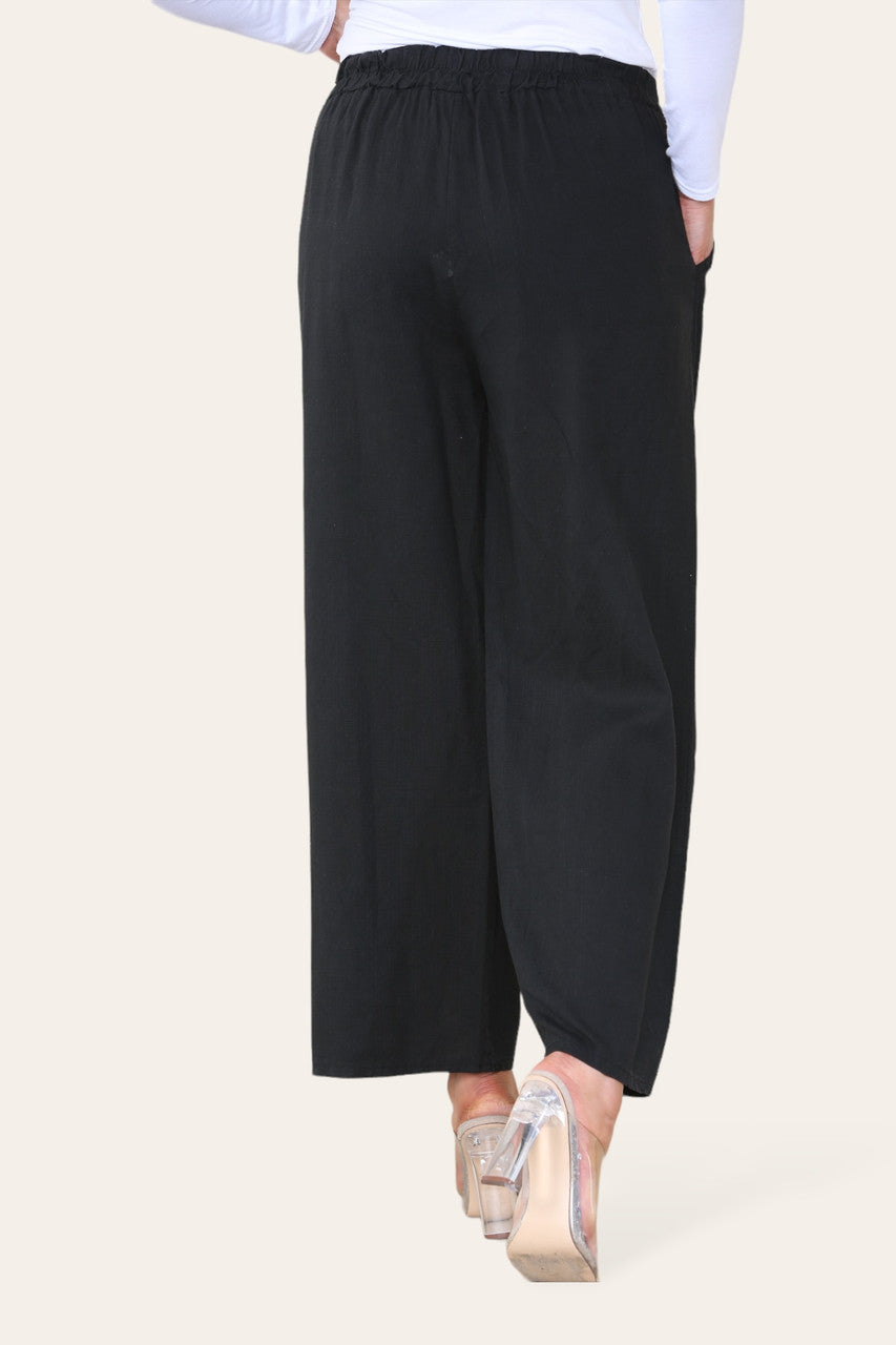 ELASTICATED WAIST COTTON LINEN TROUSERS BLACK