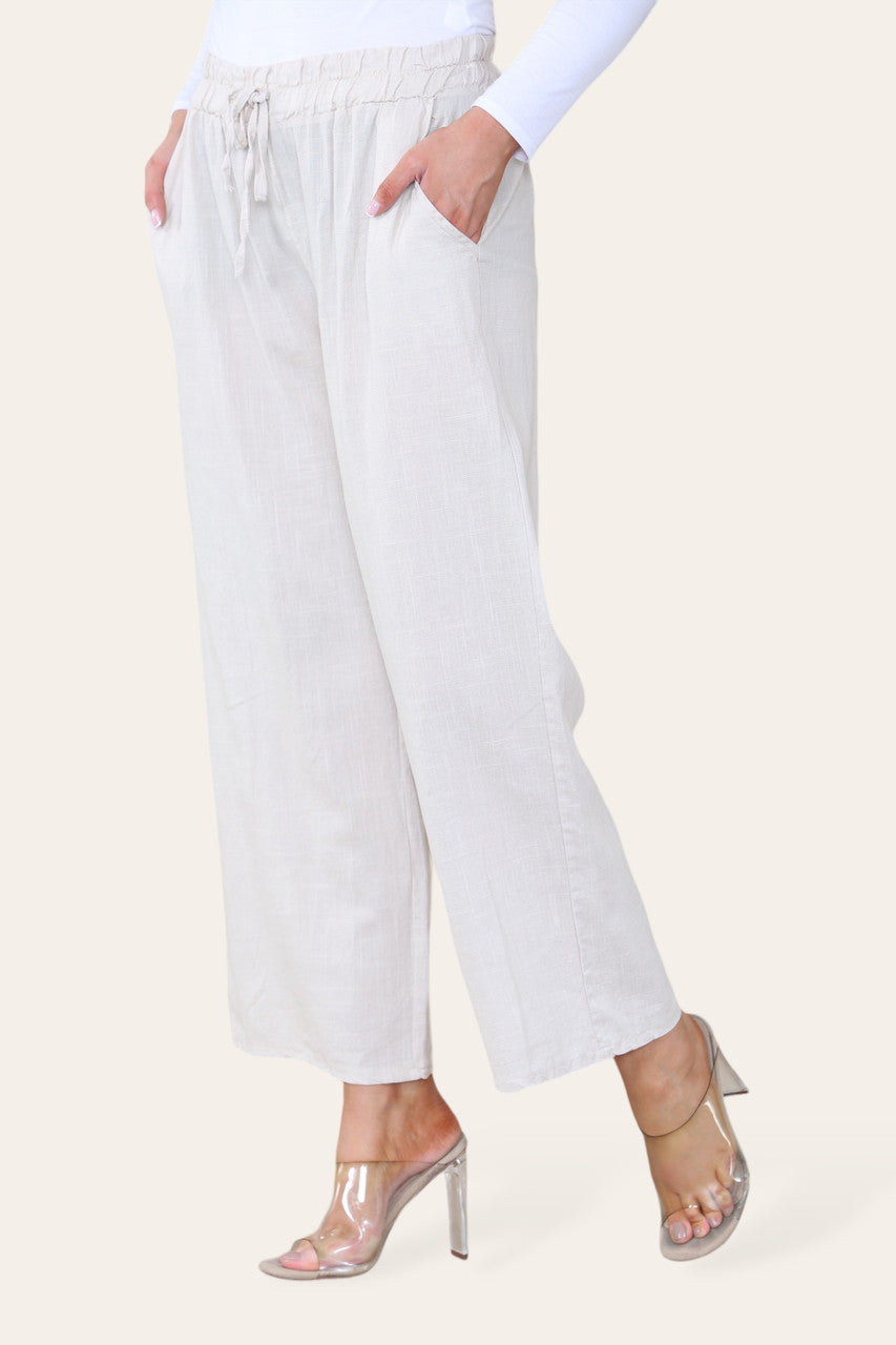 ELASTICATED WAIST COTTON LINEN TROUSERS STONE