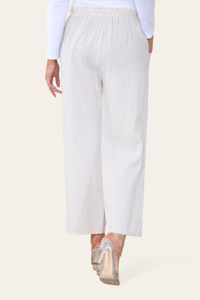 ELASTICATED WAIST COTTON LINEN TROUSERS STONE
