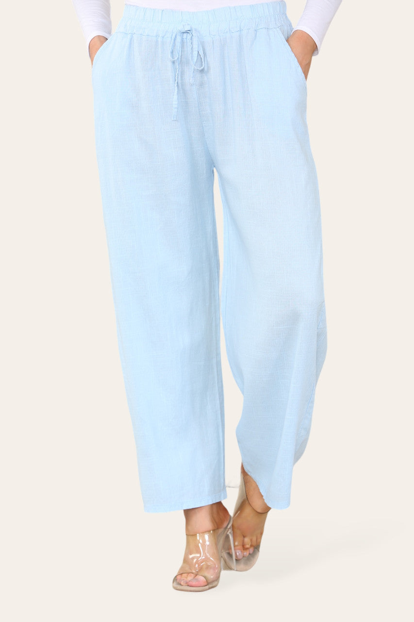 ELASTICATED WAIST COTTON LINEN TROUSERS LIGHT BLUE