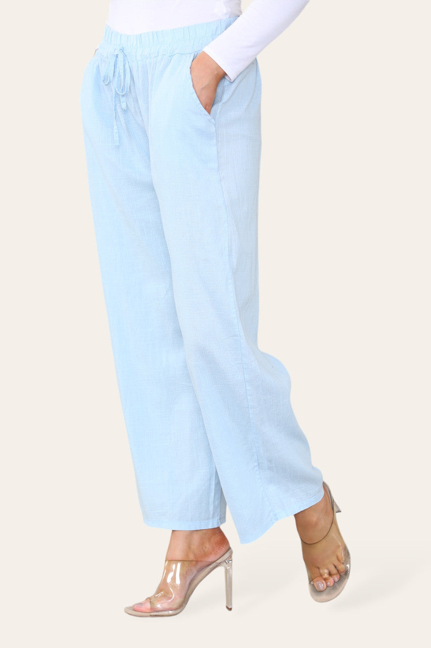 ELASTICATED WAIST COTTON LINEN TROUSERS LIGHT BLUE