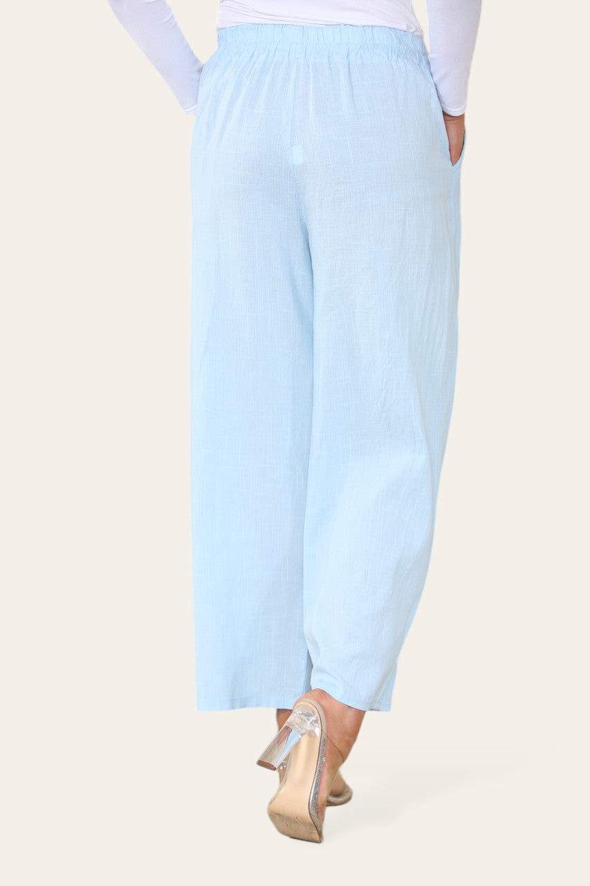 ELASTICATED WAIST COTTON LINEN TROUSERS LIGHT BLUE