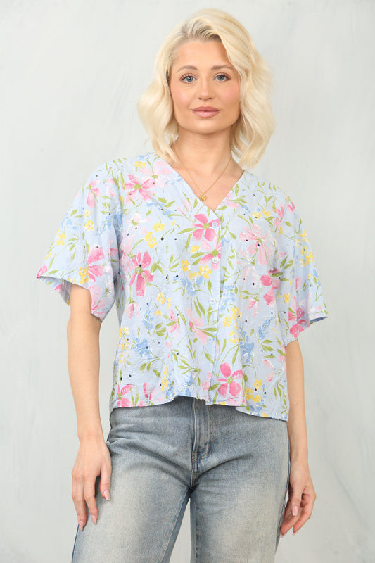 BRODERIE ANGLAISE DITSY FLORAL PRINT BLOUSE TOP - LIGHT BLUE
