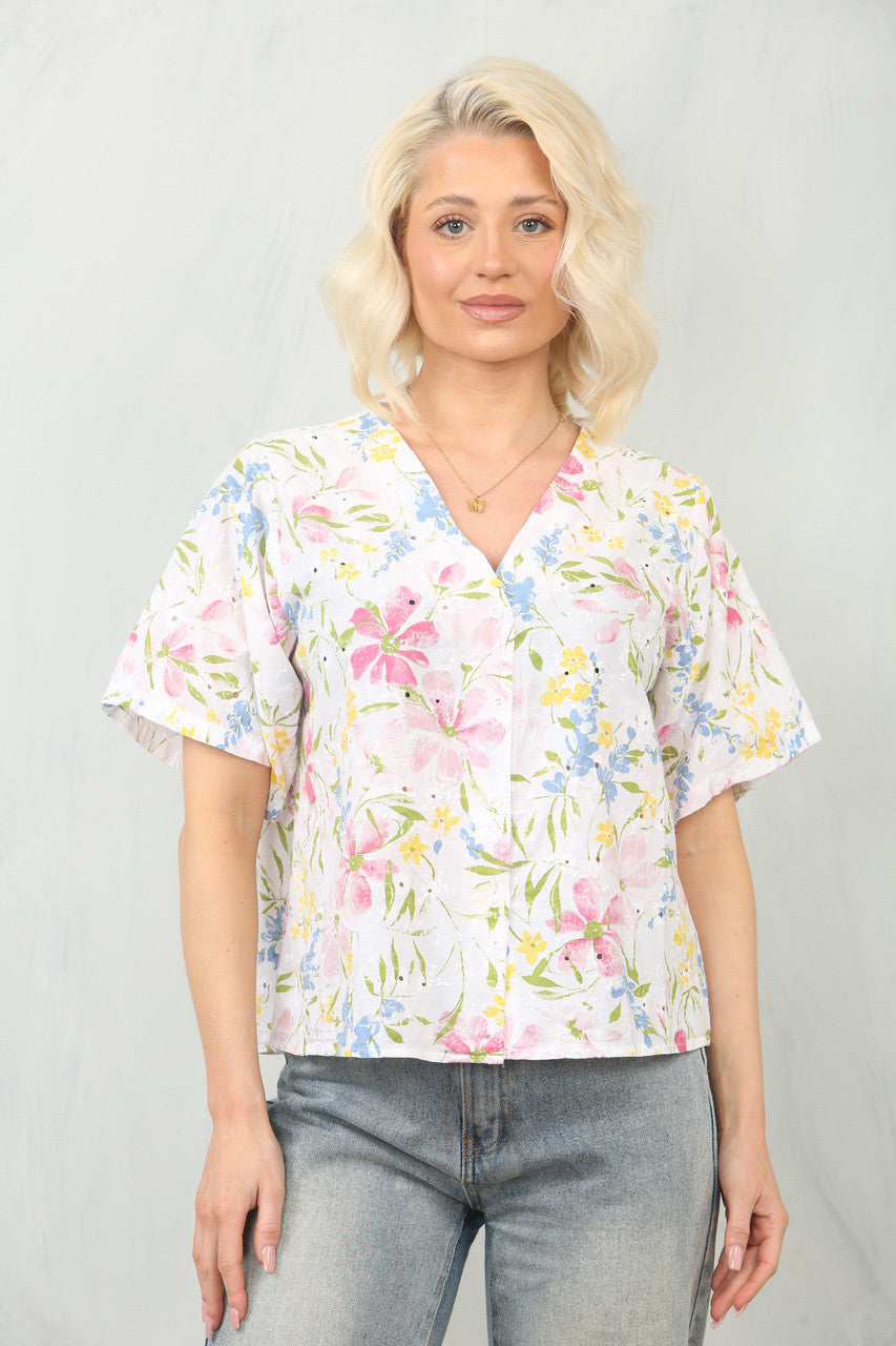 BRODERIE ANGLAISE BLOUSE TOP MET DITSY BLOEMENPRINT - WIT