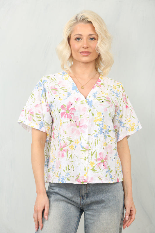 BRODERIE ANGLAISE DITSY FLORAL PRINT BLOUSE TOP - WHITE