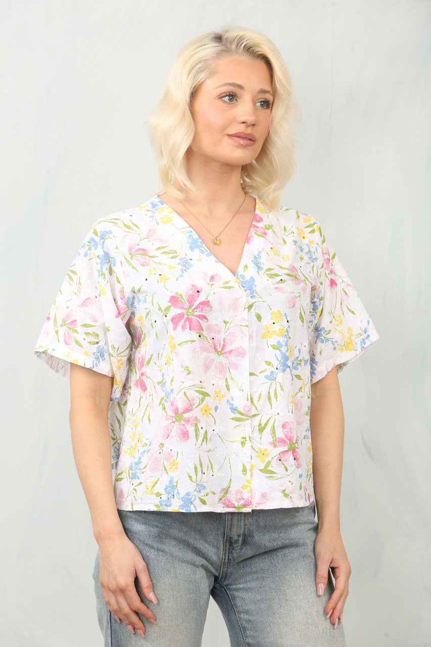 BRODERIE ANGLAISE BLOUSE TOP MET DITSY BLOEMENPRINT - WIT