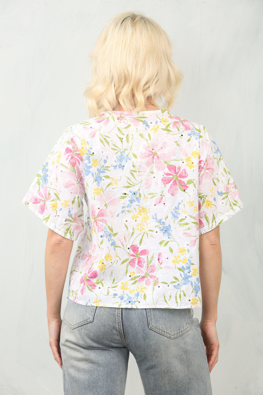 BRODERIE ANGLAISE BLOUSE TOP MET DITSY BLOEMENPRINT - WIT