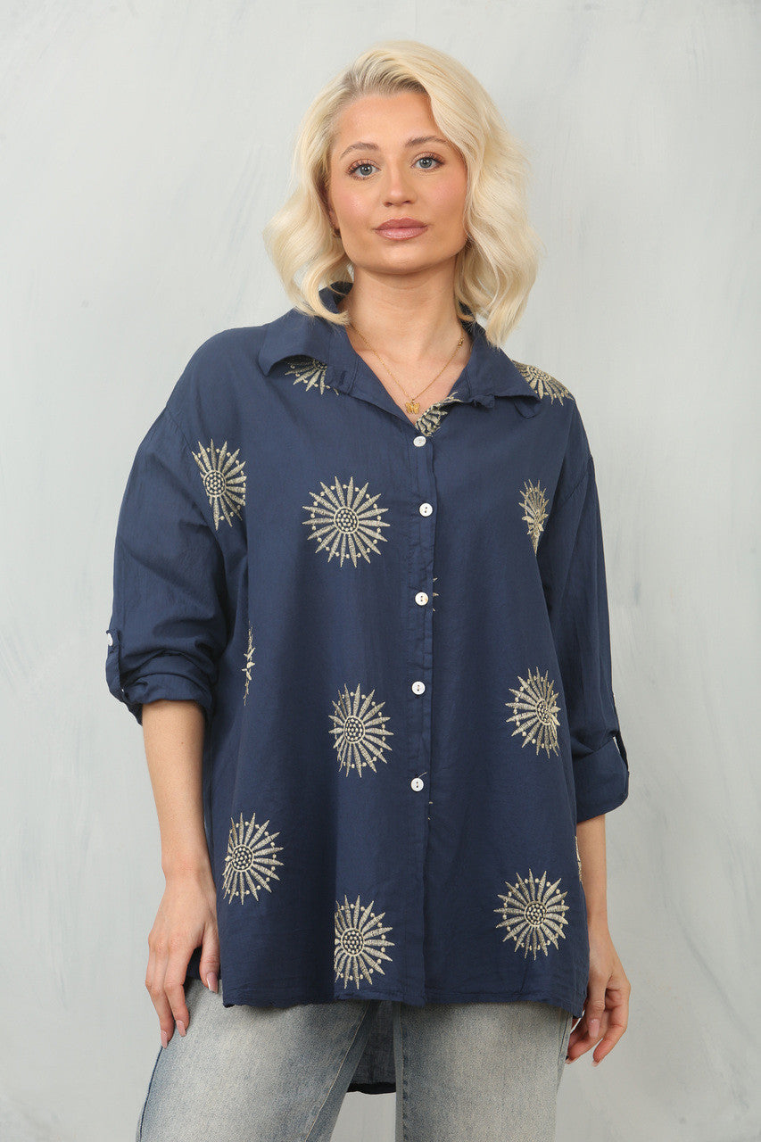 GEBORDUURD ZONNEBLOEM SHIRT TOP - NAVY