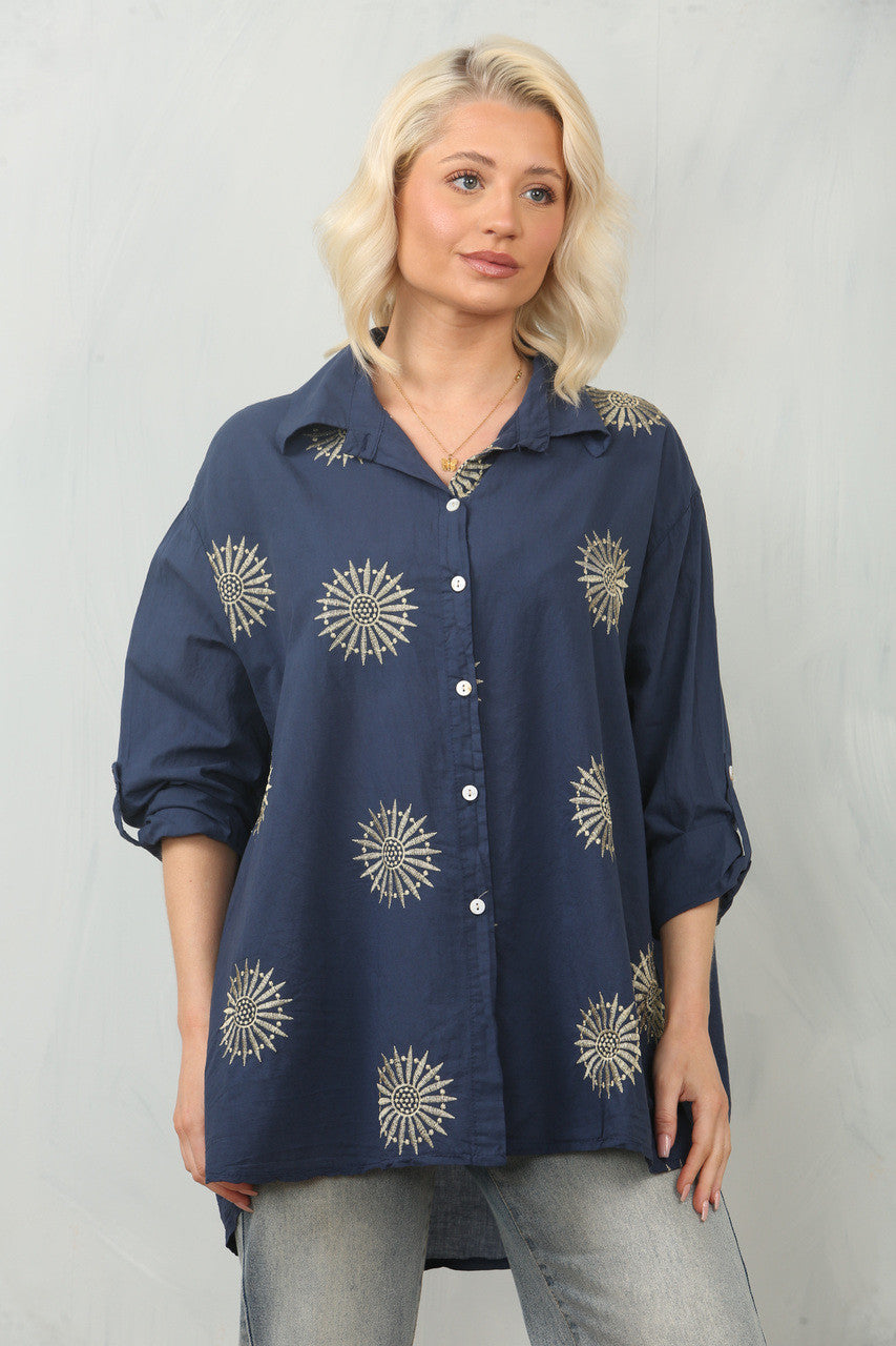 GEBORDUURD ZONNEBLOEM SHIRT TOP - NAVY