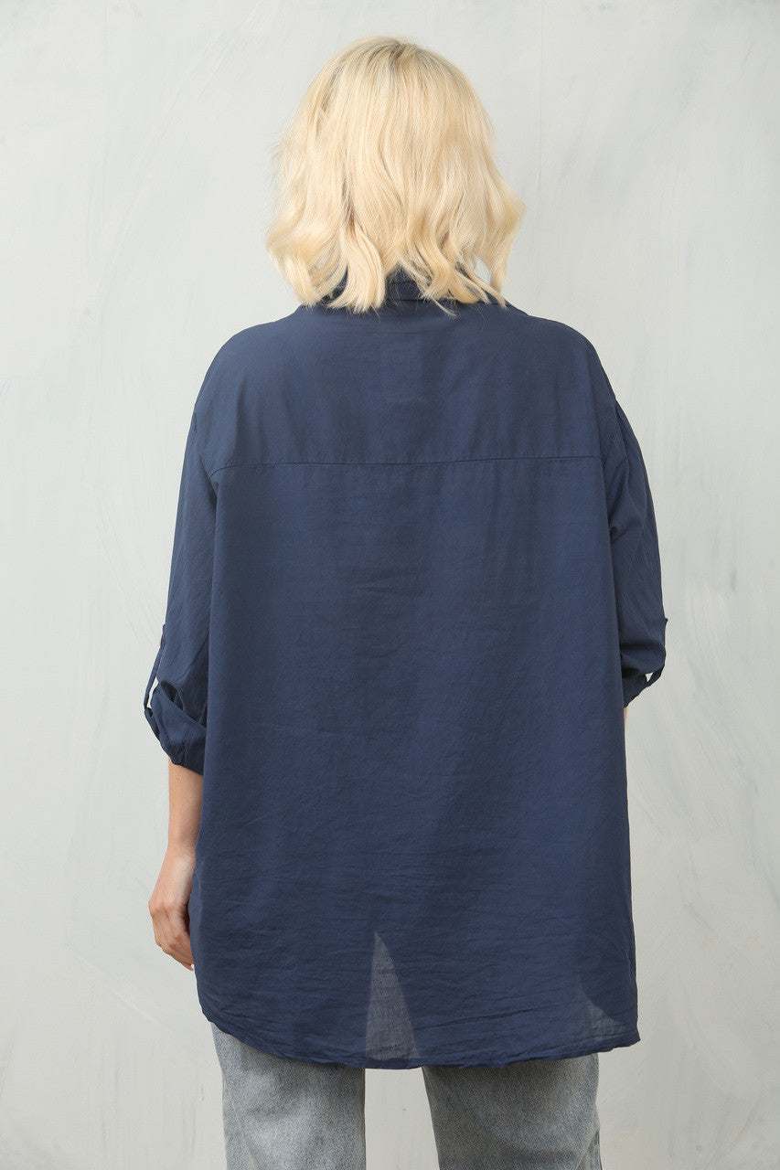 GEBORDUURD ZONNEBLOEM SHIRT TOP - NAVY