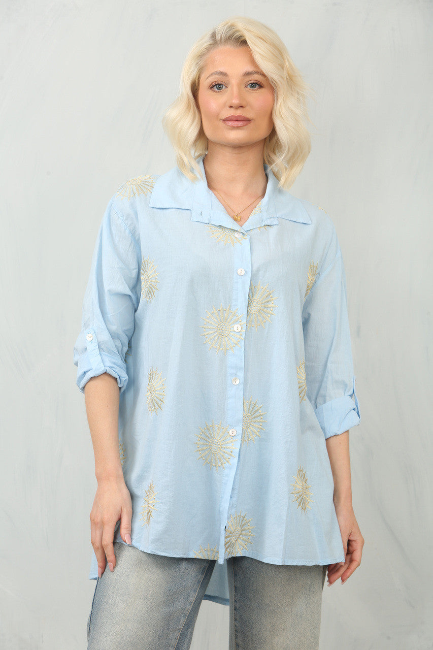 EMBROIDERY SUNFLOWER SHIRT TOP - LIGHT BLUE