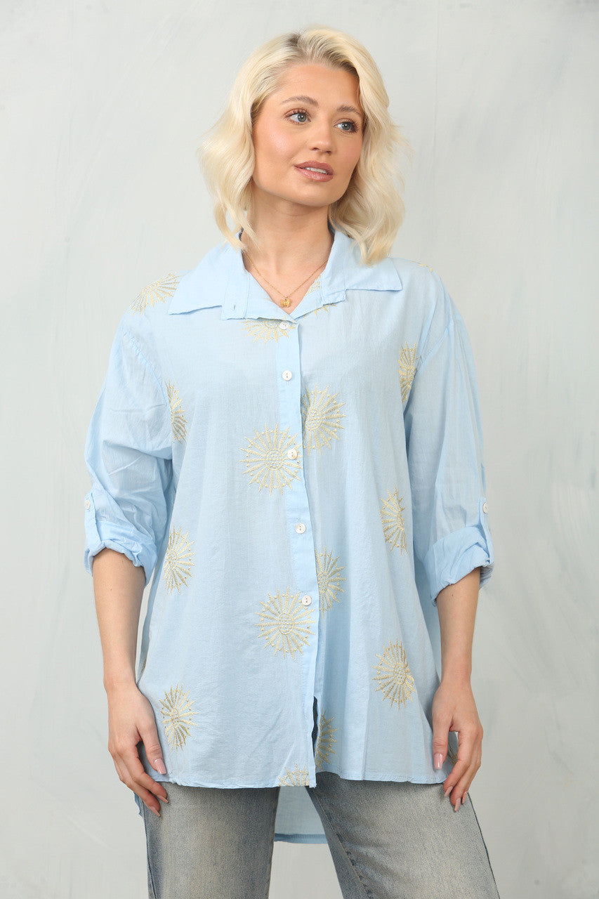 EMBROIDERY SUNFLOWER SHIRT TOP - LIGHT BLUE