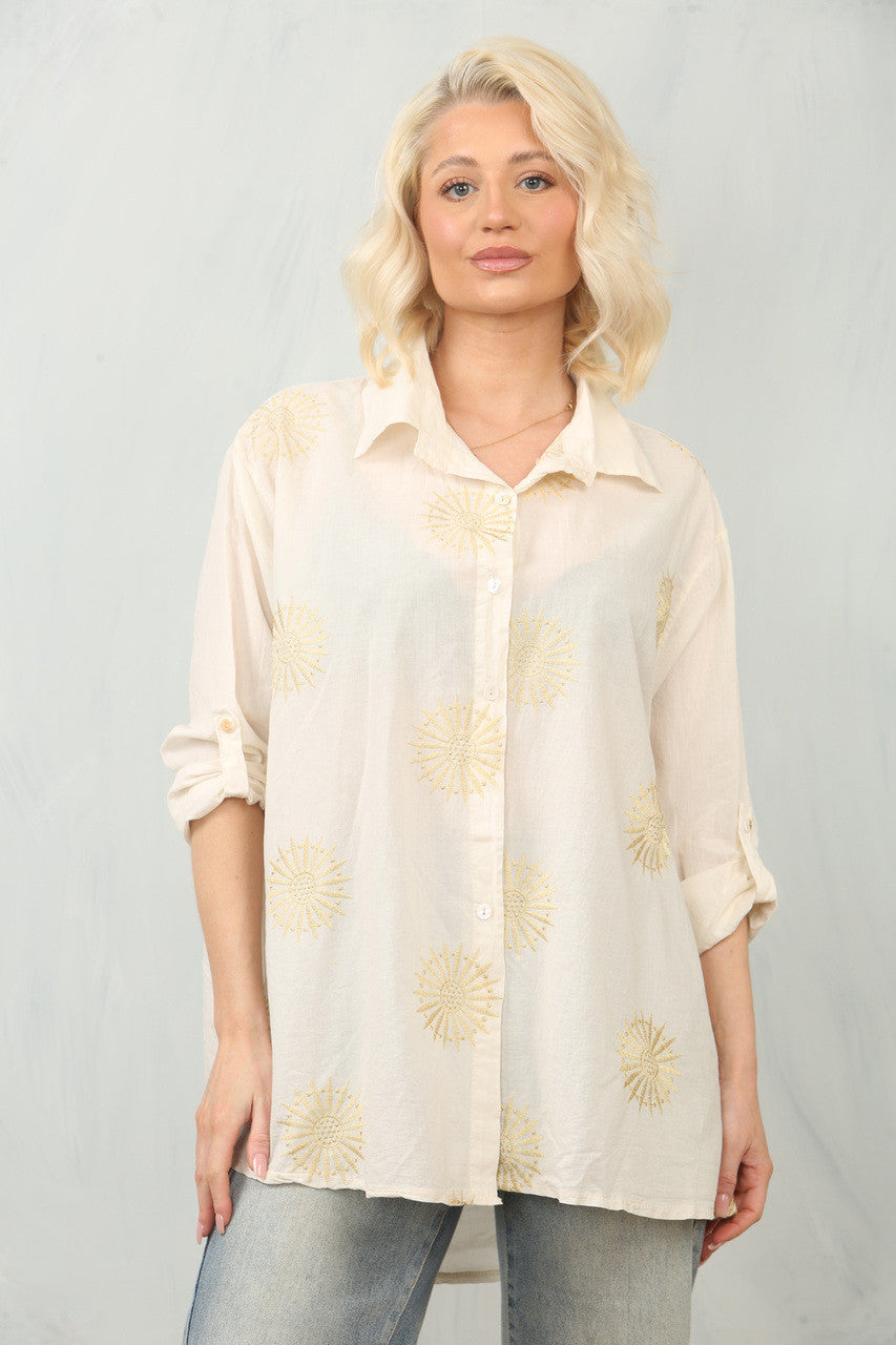 EMBROIDERY SUNFLOWER SHIRT TOP - STONE