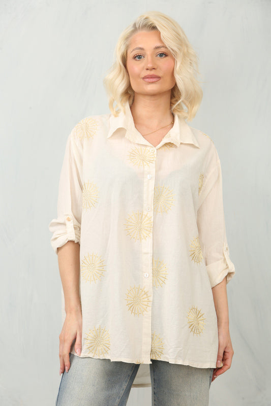 EMBROIDERY SUNFLOWER SHIRT TOP - STONE