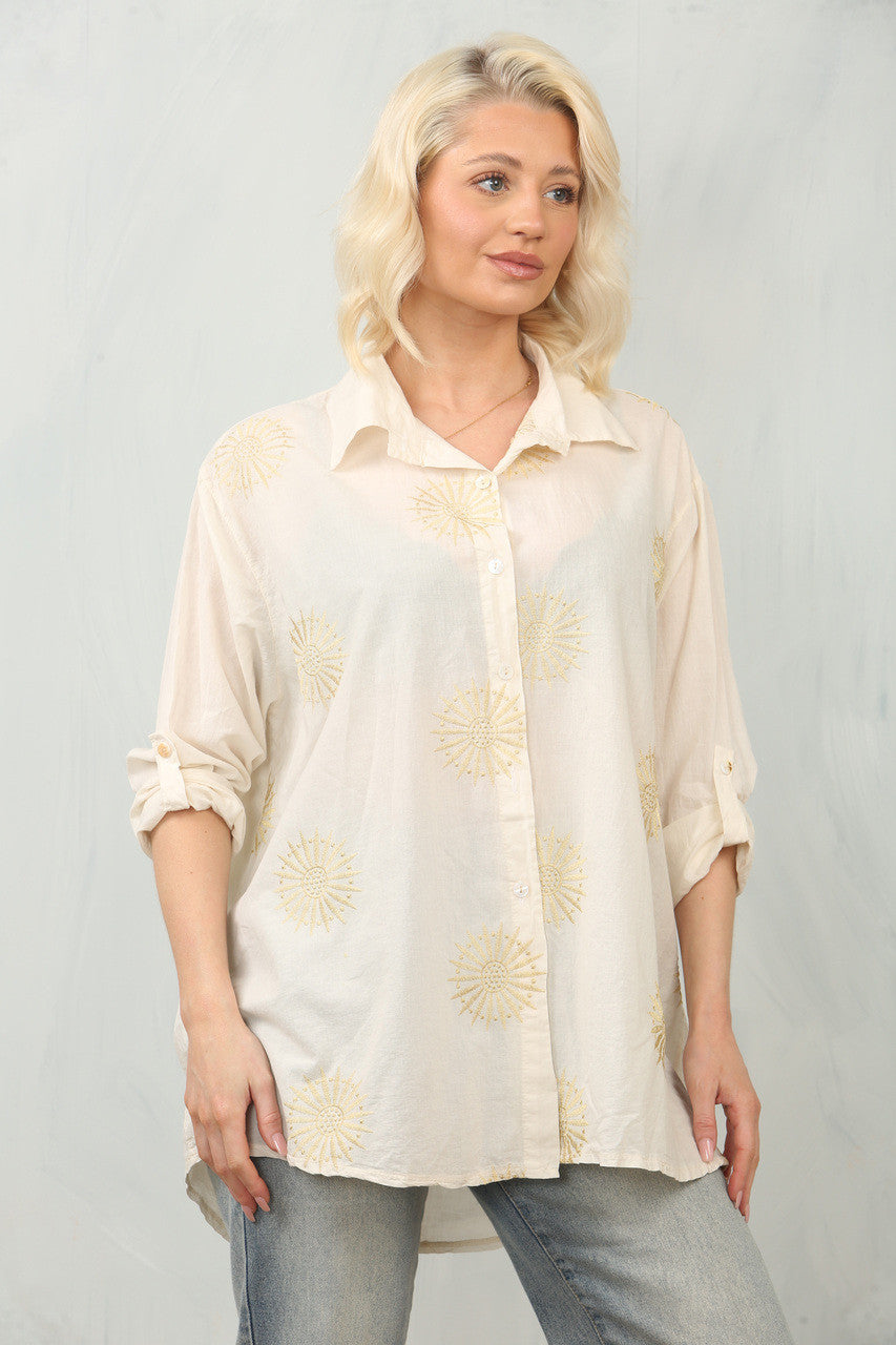 EMBROIDERY SUNFLOWER SHIRT TOP - STONE