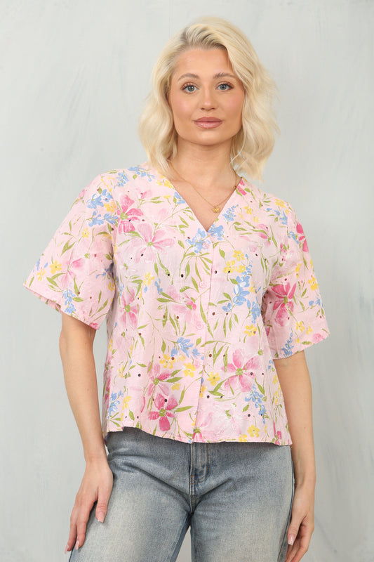 BRODERIE ANGLAISE DITSY FLORAL PRINT BLOUSE TOP - DUSTY PINK