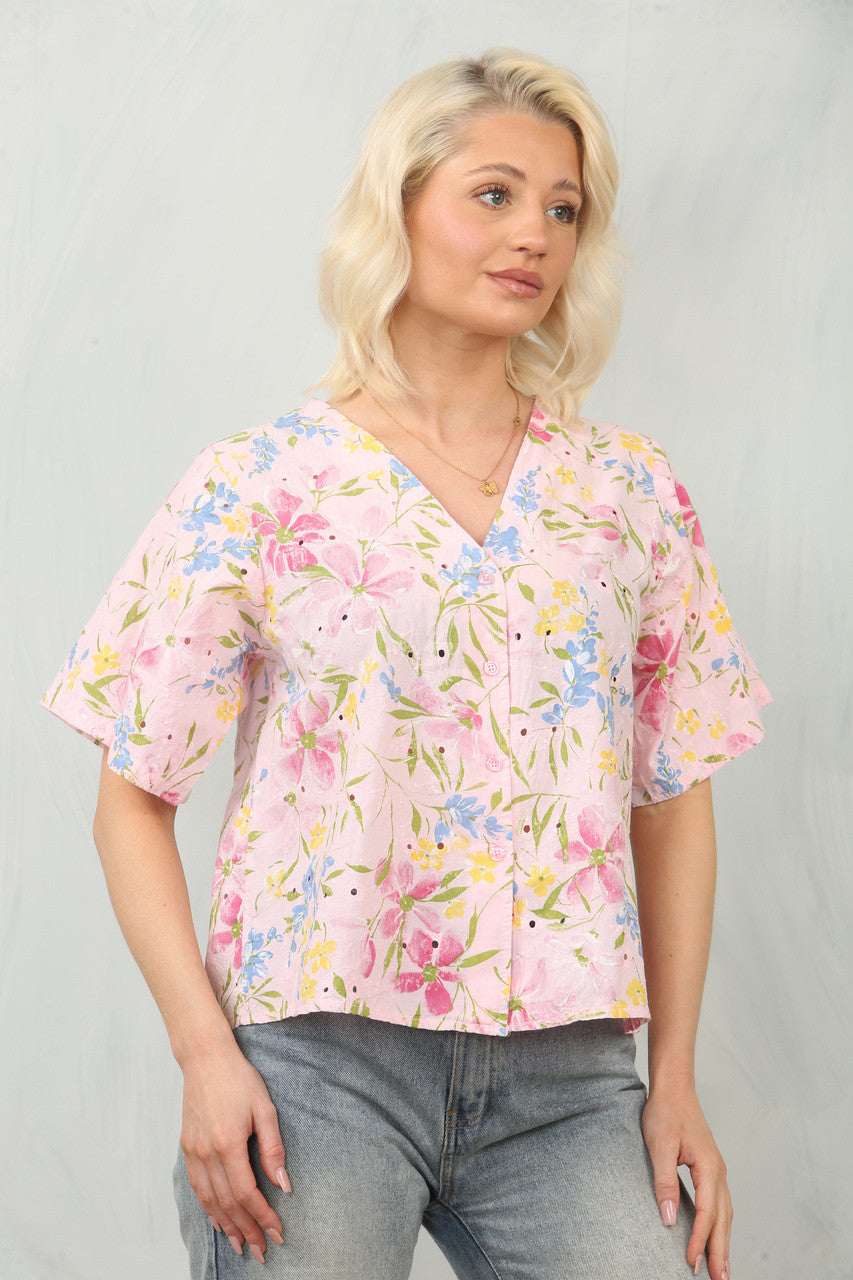 BRODERIE ANGLAISE DITSY FLORAL PRINT BLOUSE TOP - DUSTY PINK