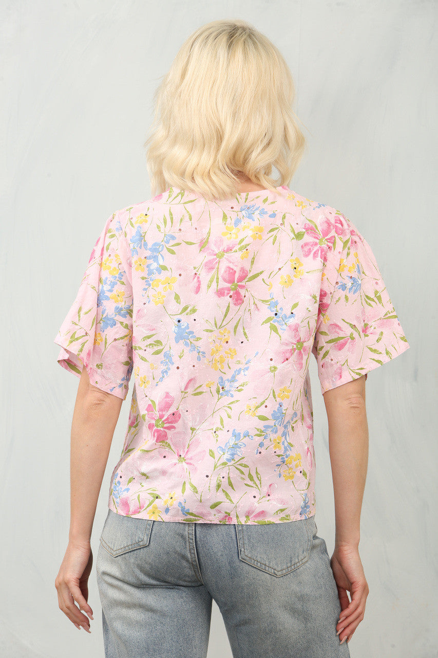 BRODERIE ANGLAISE DITSY FLORAL PRINT BLOUSE TOP - DUSTY PINK
