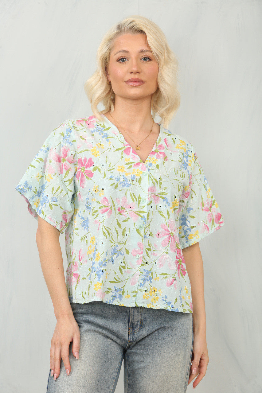 BRODERIE ANGLAISE BLOUSE TOP MET DITSY BLOEMENPRINT - MINT