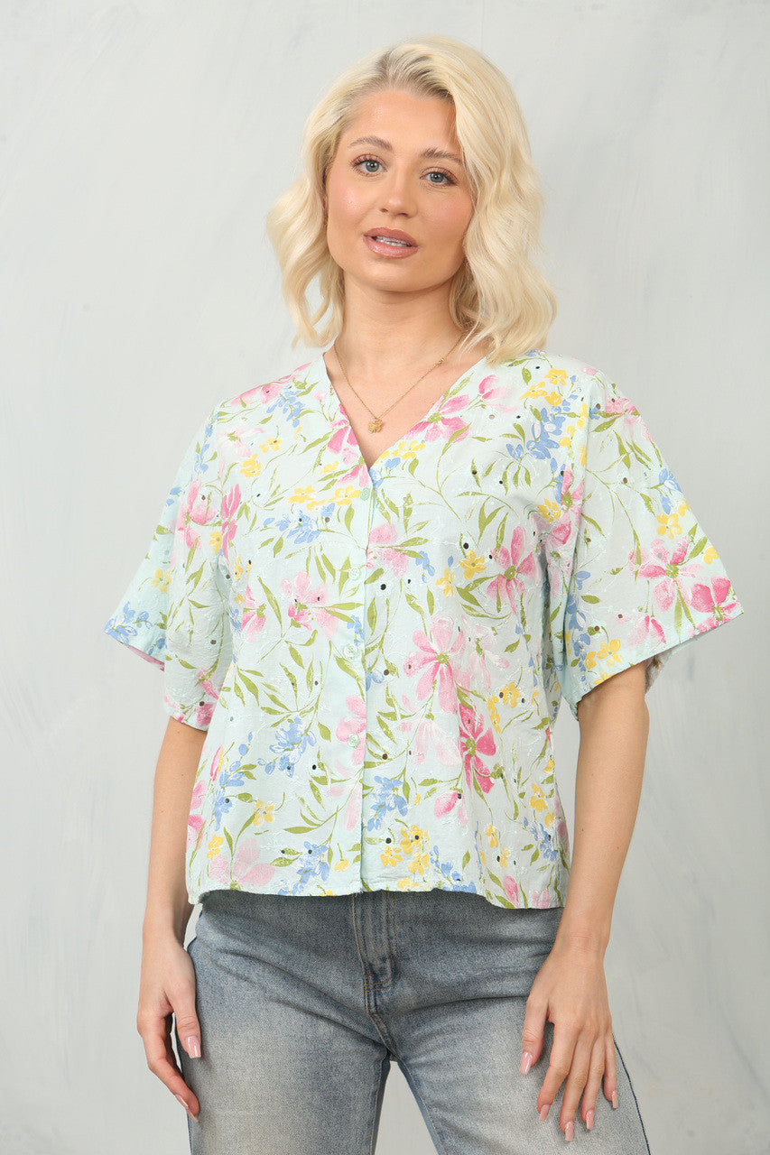 BRODERIE ANGLAISE BLOUSE TOP MET DITSY BLOEMENPRINT - MINT