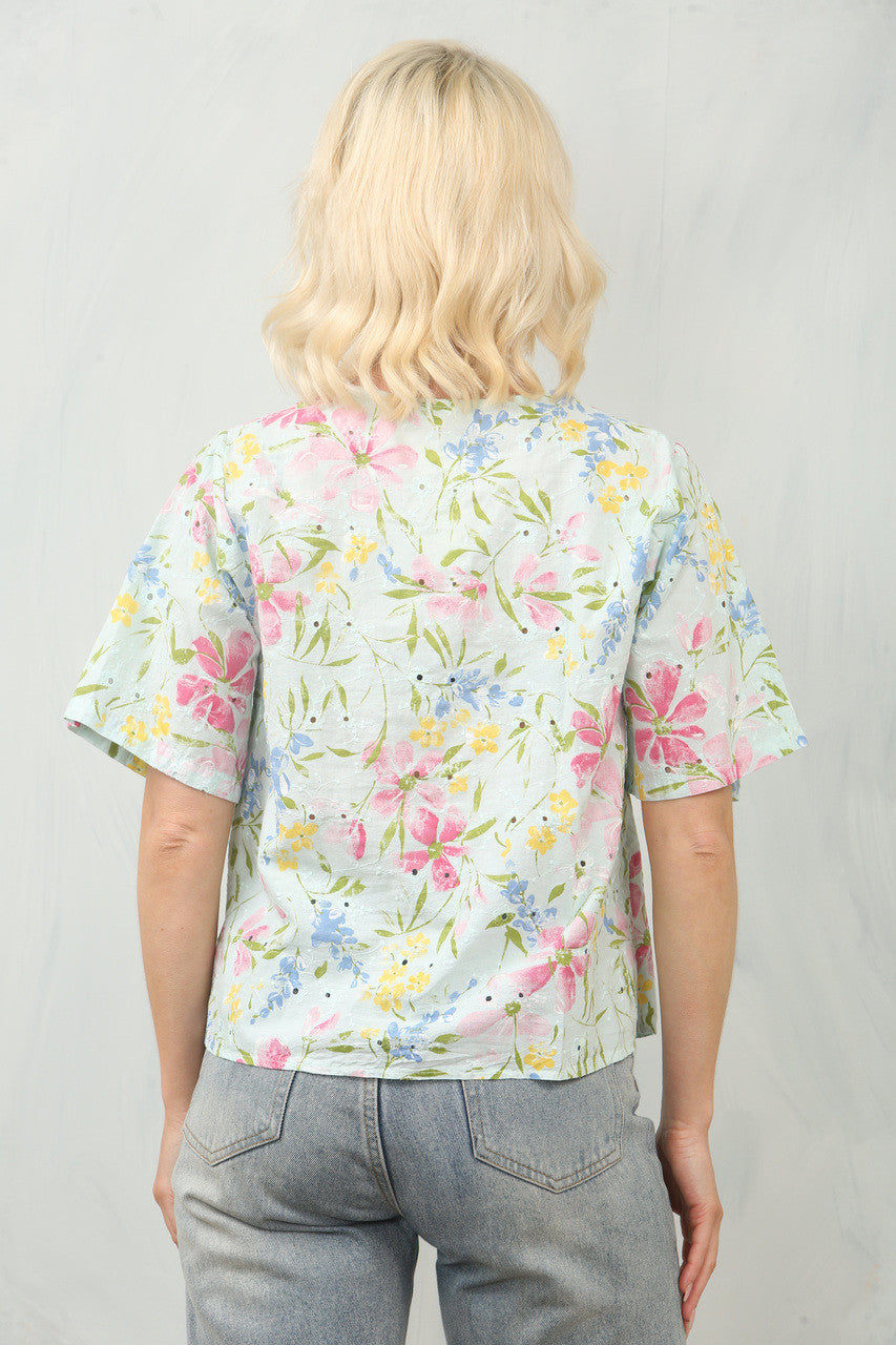BRODERIE ANGLAISE BLOUSE TOP MET DITSY BLOEMENPRINT - MINT
