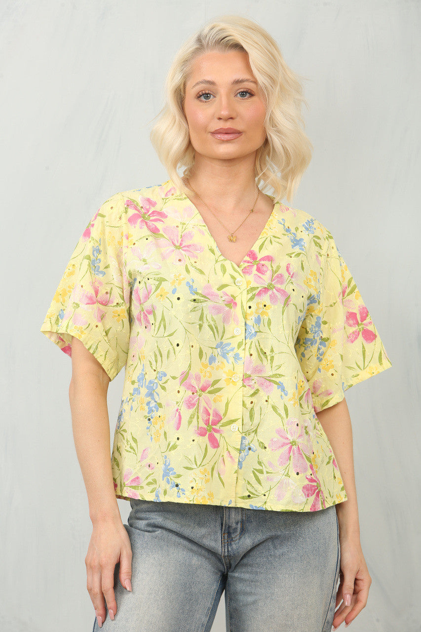 BRODERIE ANGLAISE DITSY FLORAL PRINT BLOUSE TOP - LEMON
