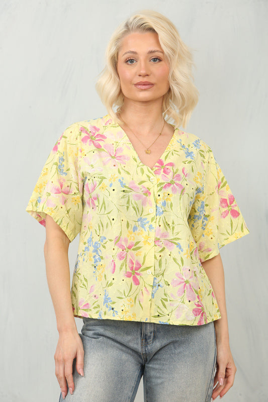 BRODERIE ANGLAISE DITSY FLORAL PRINT BLOUSE TOP - LEMON