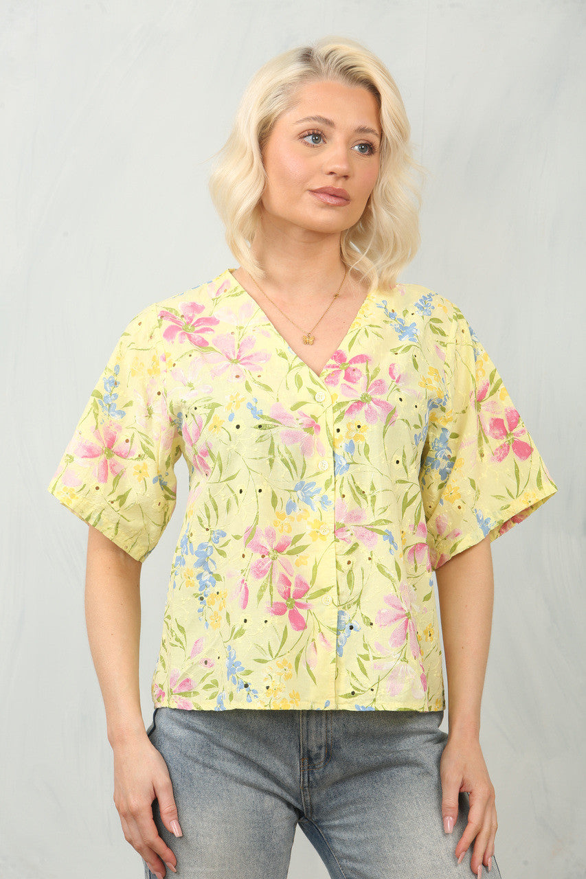 BRODERIE ANGLAISE DITSY FLORAL PRINT BLOUSE TOP - LEMON