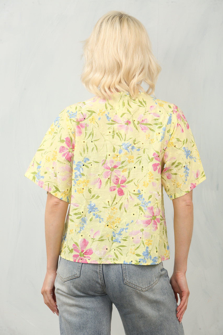 BRODERIE ANGLAISE DITSY FLORAL PRINT BLOUSE TOP - LEMON