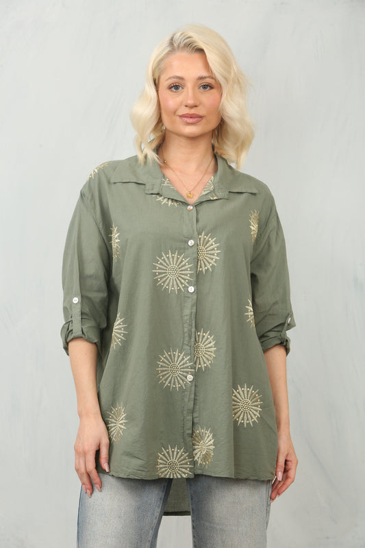 EMBROIDERY SUNFLOWER SHIRT TOP - KHAKI