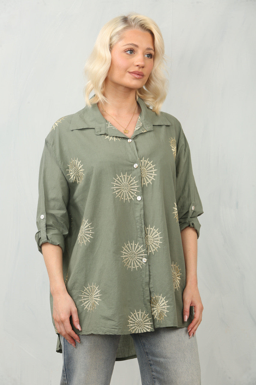 GEBORDUURD ZONNEBLOEM SHIRT TOP - KHAKI