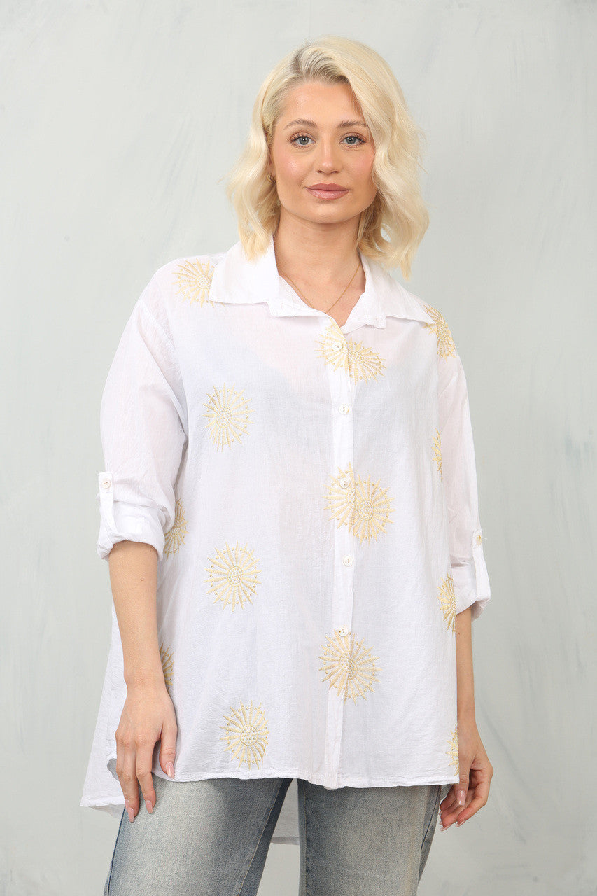 EMBROIDERY SUNFLOWER SHIRT TOP - WHITE