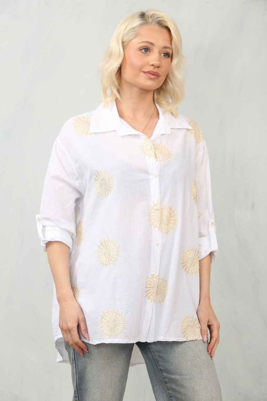 EMBROIDERY SUNFLOWER SHIRT TOP - WHITE