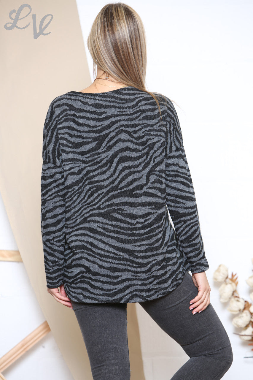 Ladies Zebra Print Long Sleeved Jumper Top  Charcoal