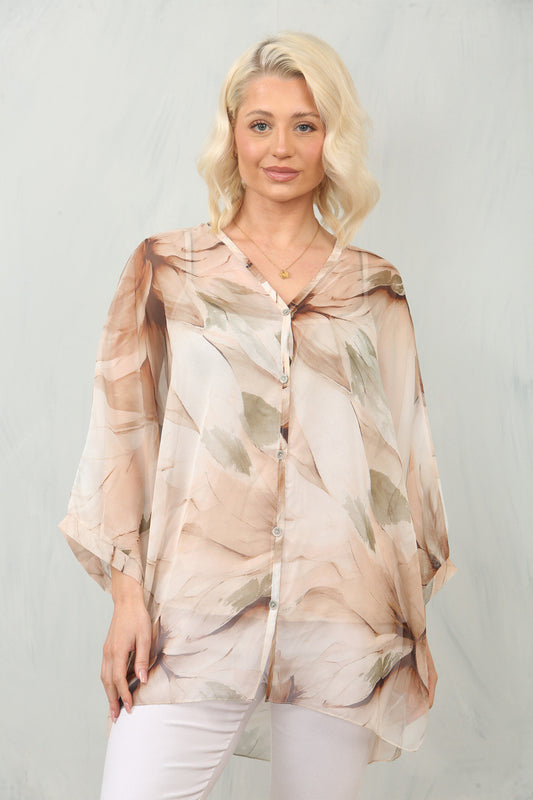 ABSTRACT LEAF PRINT FLOATY CHIFFON BLOUSE WITH VEST - STONE