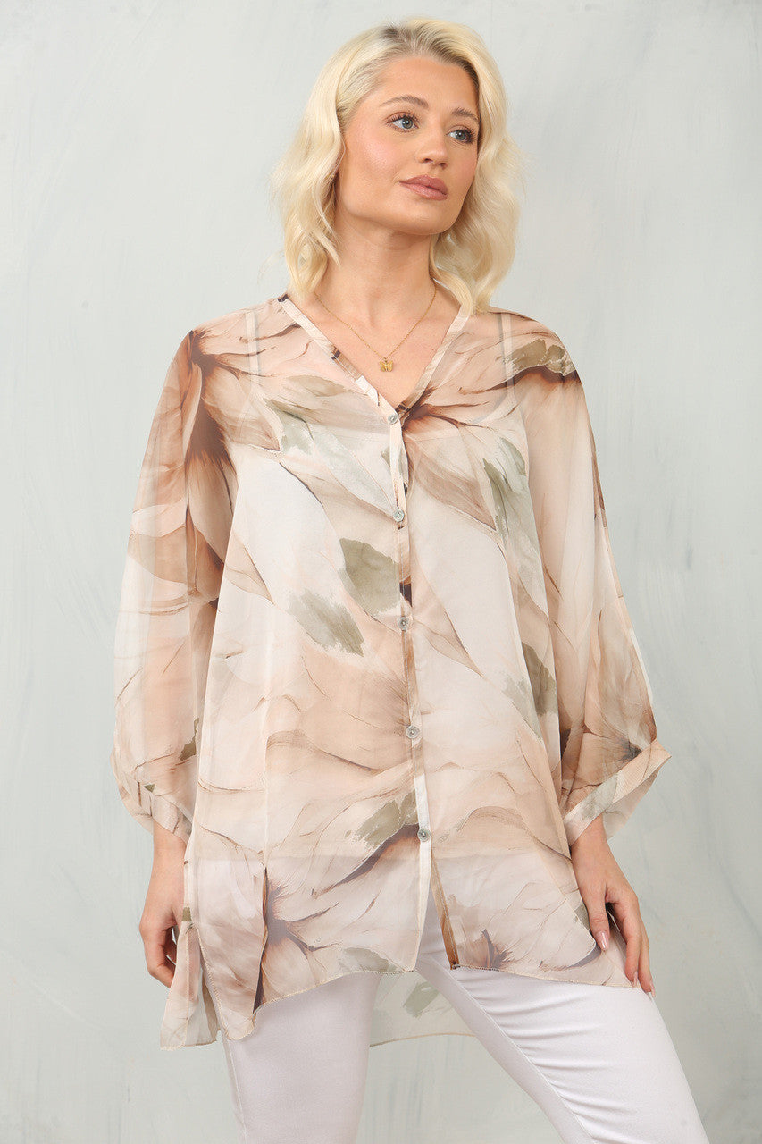 ABSTRACT LEAF PRINT FLOATY CHIFFON BLOUSE WITH VEST - STONE
