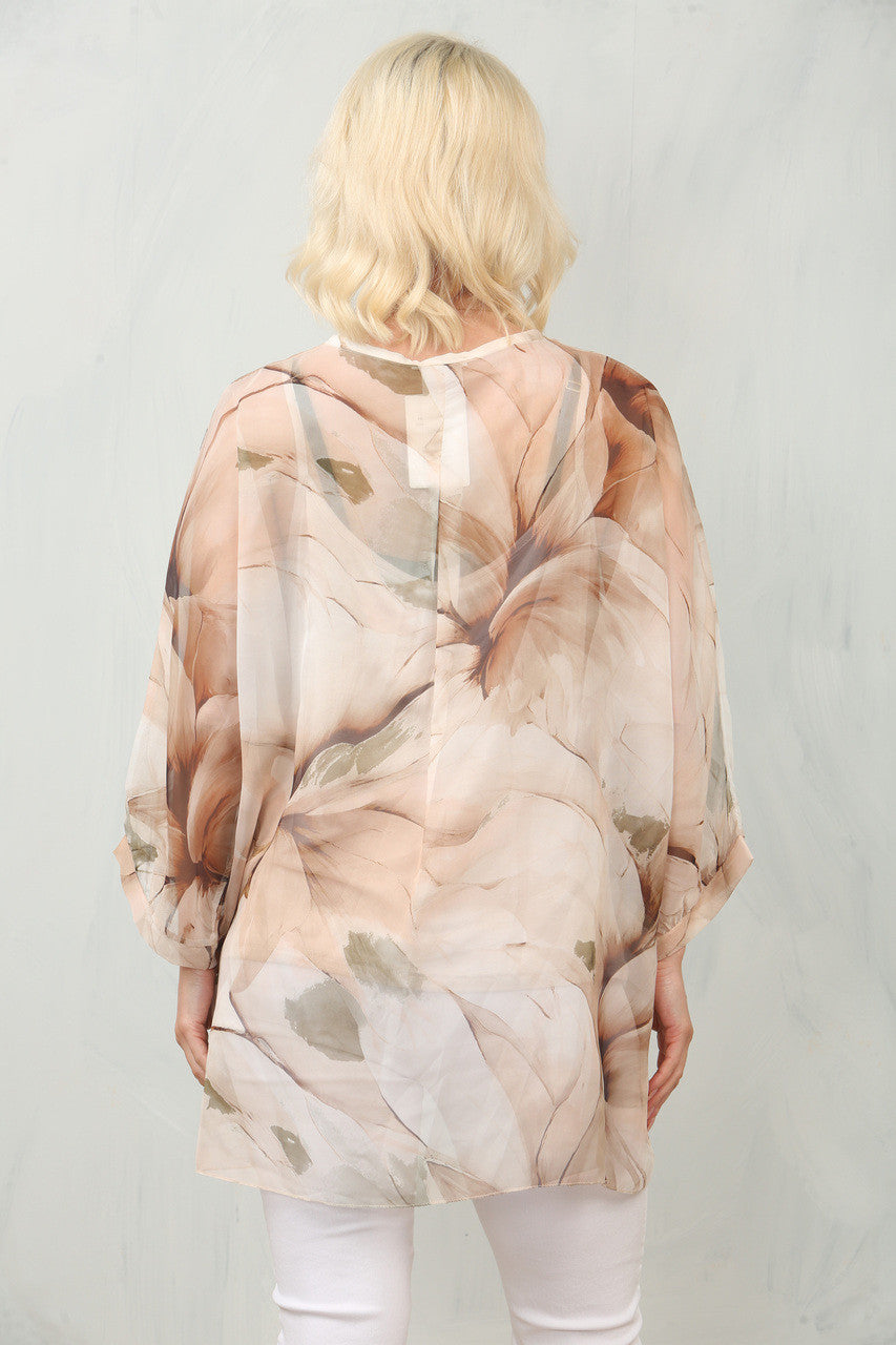 ABSTRACT LEAF PRINT FLOATY CHIFFON BLOUSE WITH VEST - STONE